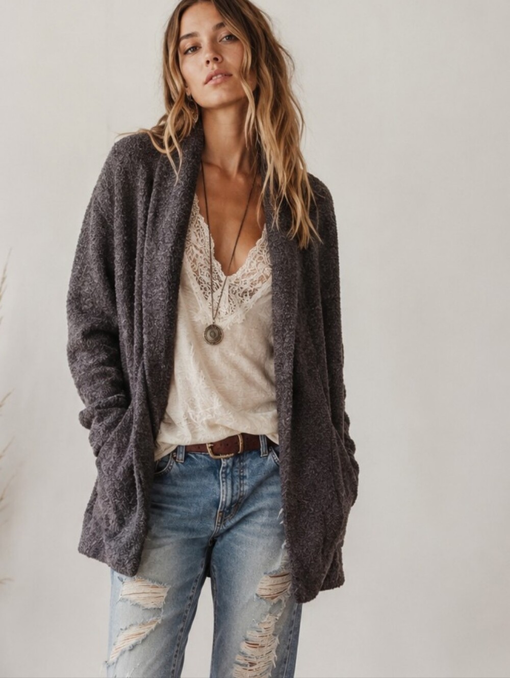 Barefoot Dreams charcoal Cozy Chic lite circle cardigan Boho